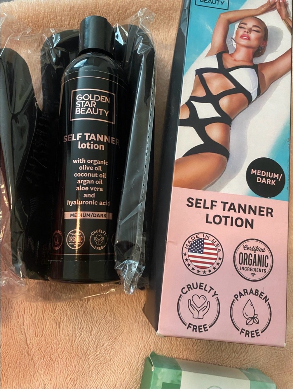 Golden Star Beauty Medium/Dark Self NEW UNEXPIRED Tanner Lotion & ORIGINAL Mitt